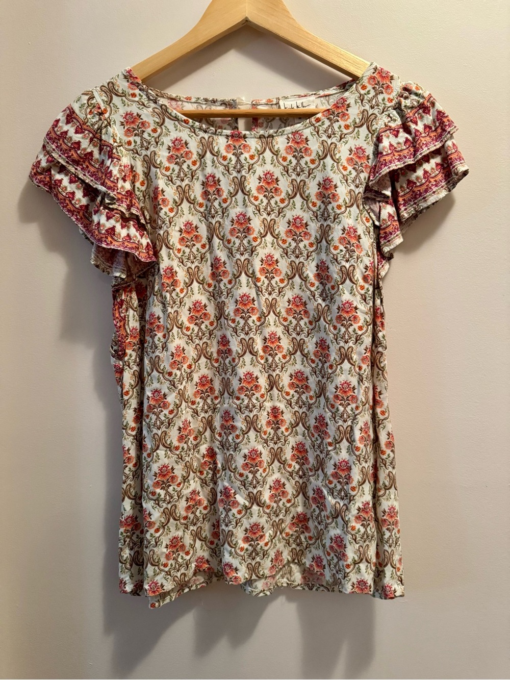 Nicole Miller Cream Floral Paisley Flutter Sleeve Boho Blouse Top Size M